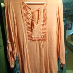 Zac & Rachel Orange Tunic with Smocked Tie Front and Bib Collar